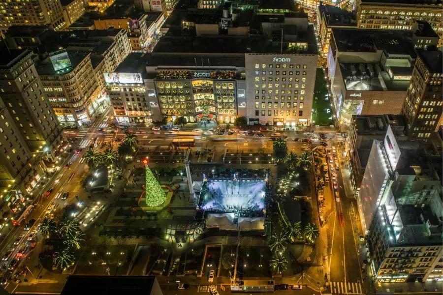 Aerial view of Union Square decorated for the holidays. San Francisco, California.